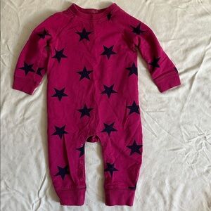 Primary baby onesie sweatshirt in fuchsia star print, leg snaps for easy on/off
